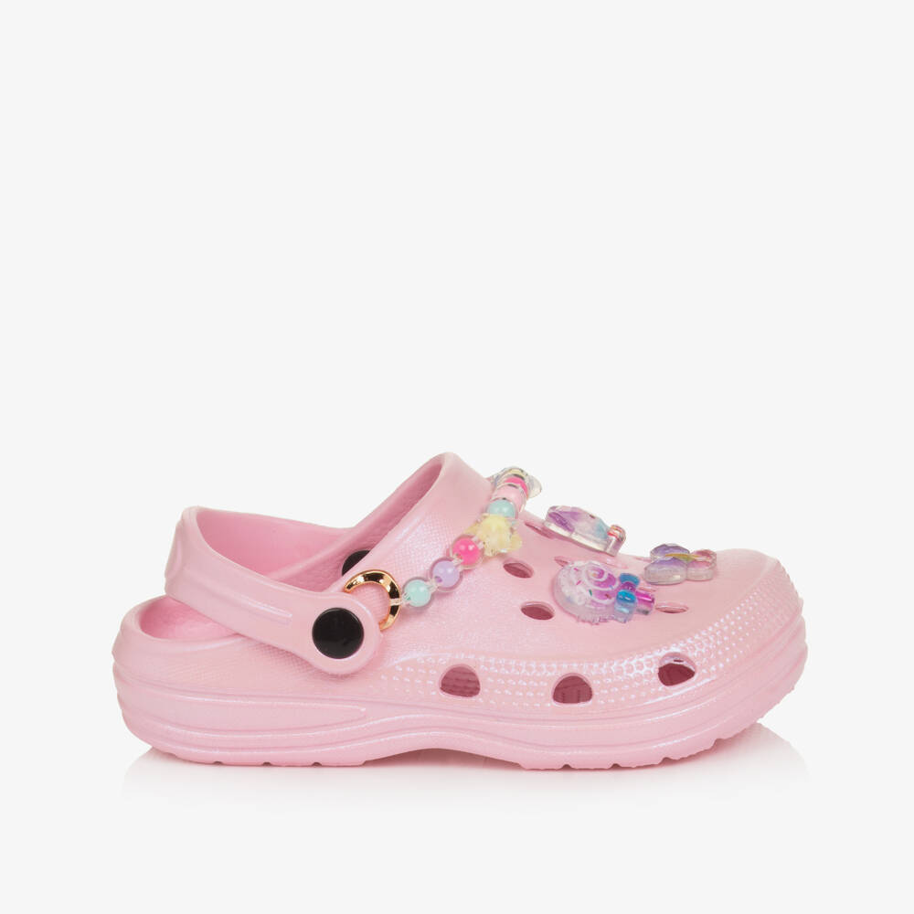 Lelli Kelly-Girls Pale Pink Pearlescent Clog Sandals with Decorations | Childrensalon