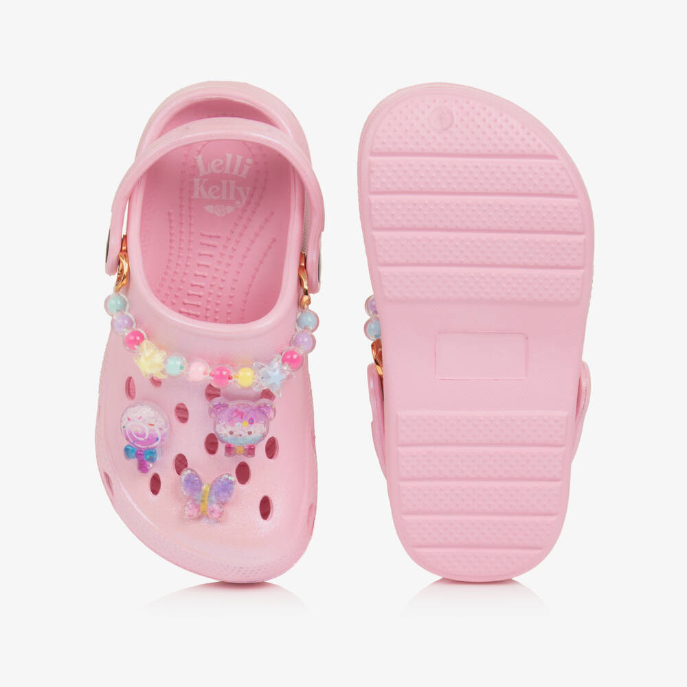 Lelli Kelly-Girls Pale Pink Pearlescent Clog Sandals with Decorations | Childrensalon