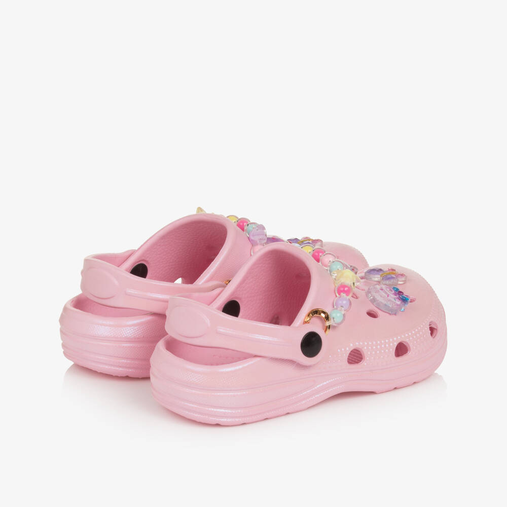 Lelli Kelly-Girls Pale Pink Pearlescent Clog Sandals with Decorations | Childrensalon