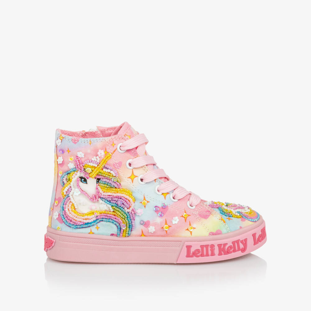 Lelli Kelly-Girls Pink Beaded Unicorn High-Top Trainers | Childrensalon