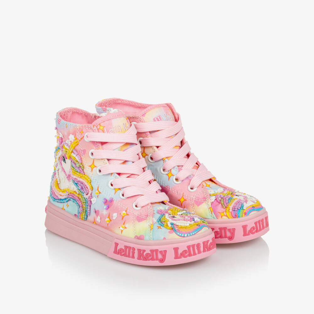 Lelli Kelly-Girls Pink Beaded Unicorn High-Top Trainers | Childrensalon