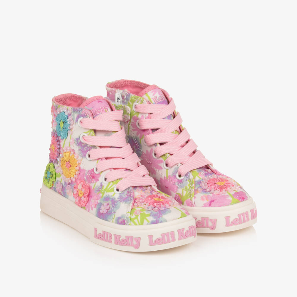 Lelli Kelly-Girls Pink Floral Canvas High-Top Trainers | Childrensalon