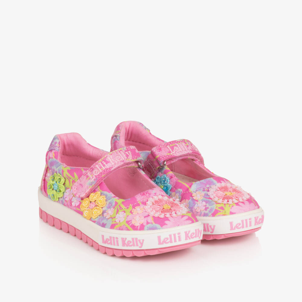 Lelli Kelly-Girls Pink Floral Canvas Sequinned Velcro Shoes | Childrensalon