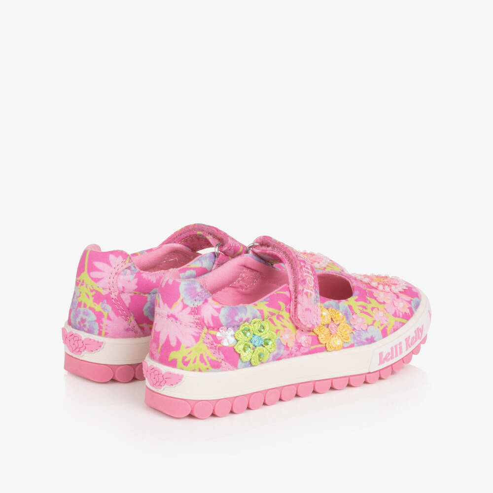 Lelli Kelly-Girls Pink Floral Canvas Sequinned Velcro Shoes | Childrensalon