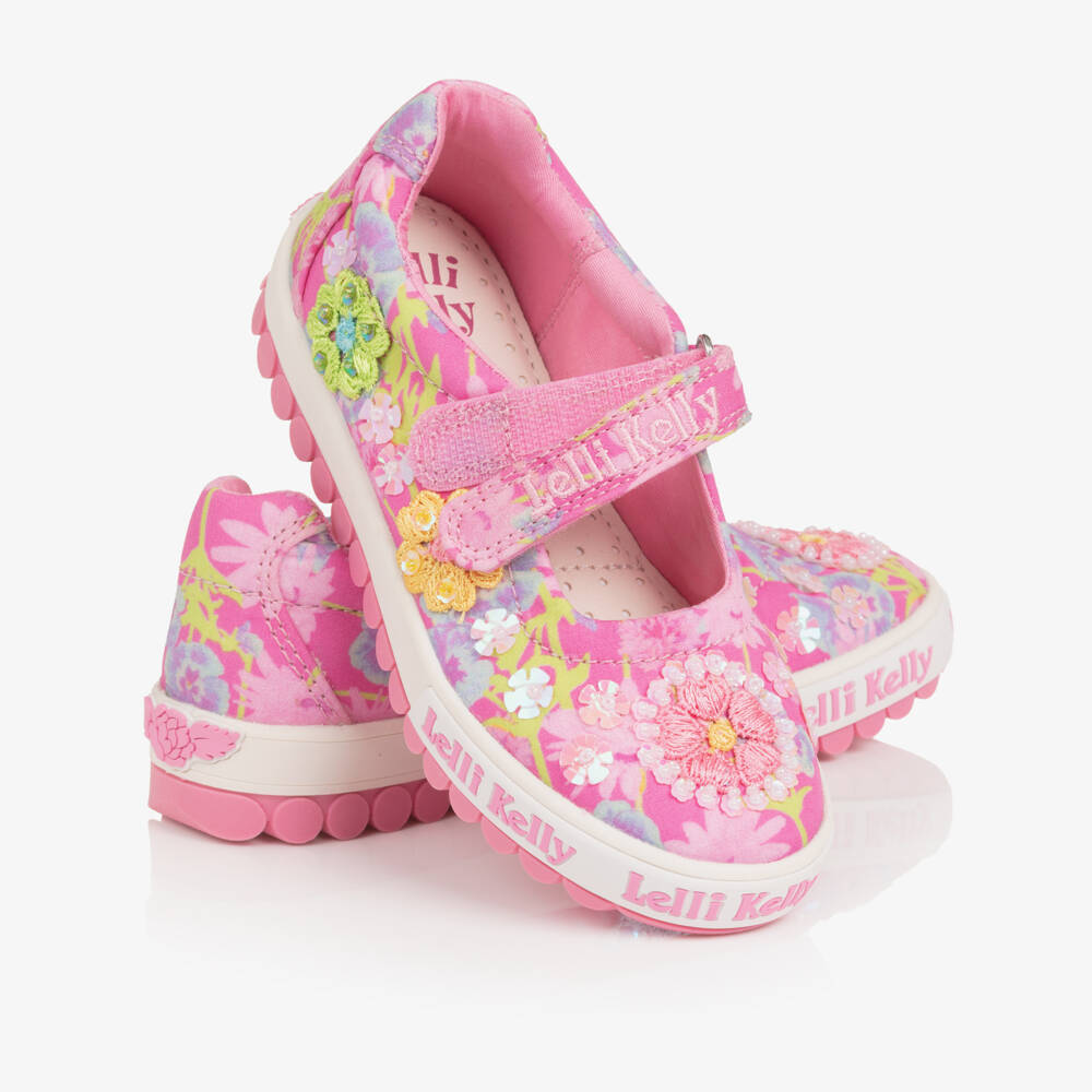 Lelli Kelly-Girls Pink Floral Canvas Sequinned Velcro Shoes | Childrensalon