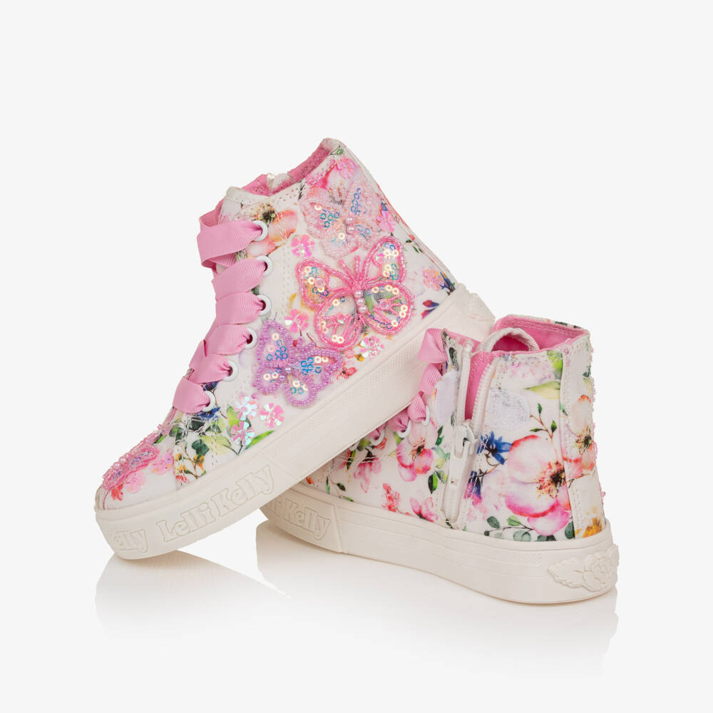 Lelli Kelly-Girls Pink Floral Print & Beaded Butterfly High-Top Trainers | Childrensalon