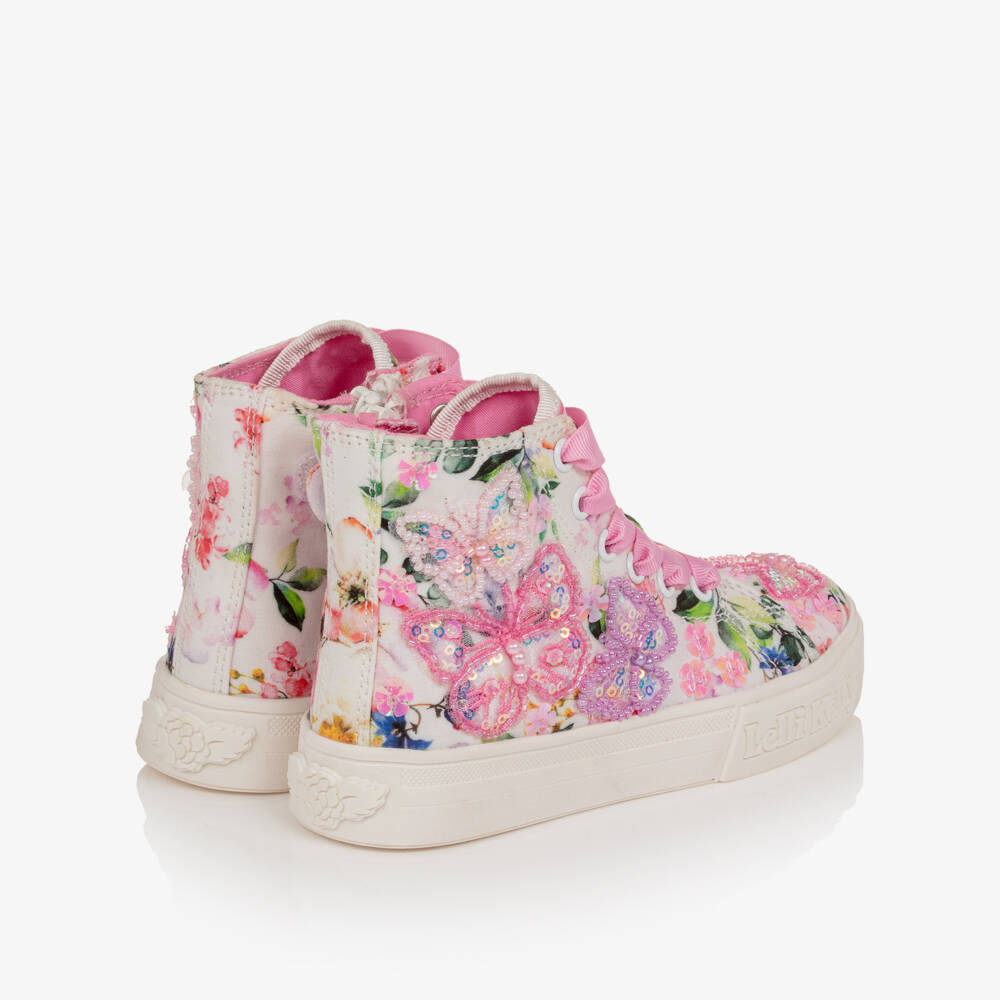 Lelli Kelly-Girls Pink Floral Print & Beaded Butterfly High-Top Trainers | Childrensalon
