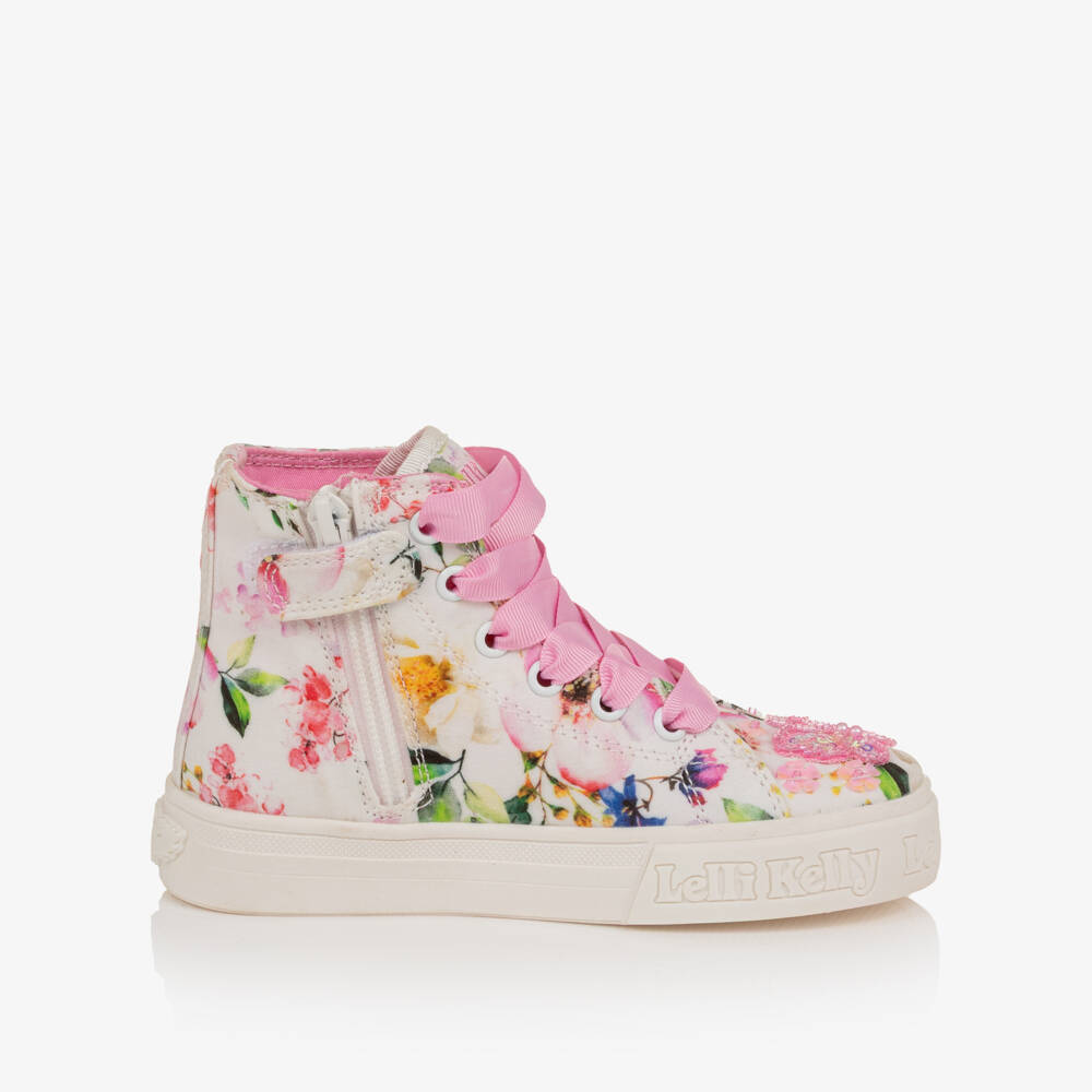 Lelli Kelly-Girls Pink Floral Print & Beaded Butterfly High-Top Trainers | Childrensalon