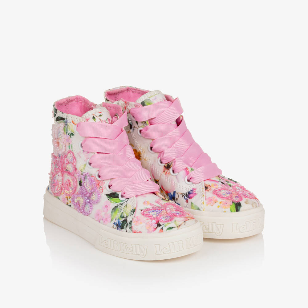 Lelli Kelly-Girls Pink Floral Print & Beaded Butterfly High-Top Trainers | Childrensalon