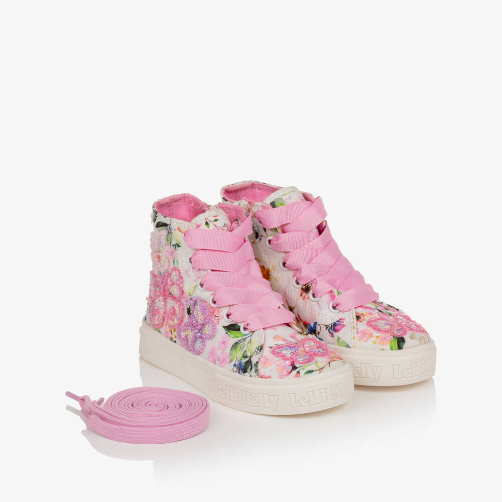 Lelli Kelly-Girls Pink Floral Print & Beaded Butterfly High-Top Trainers | Childrensalon