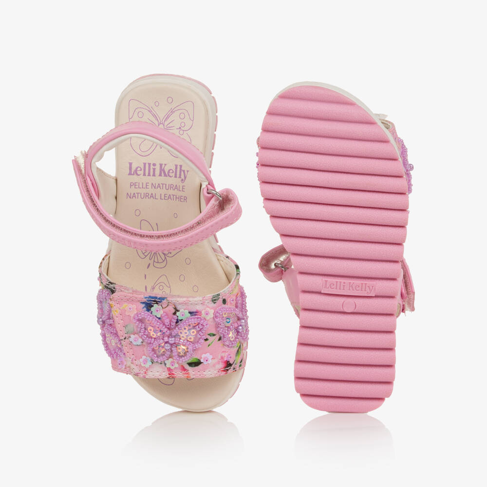 Lelli Kelly-Girls Pink Floral Sandals with Lilac Beaded Butterflies | Childrensalon