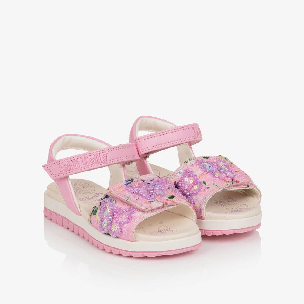 Lelli Kelly-Girls Pink Floral Sandals with Lilac Beaded Butterflies | Childrensalon