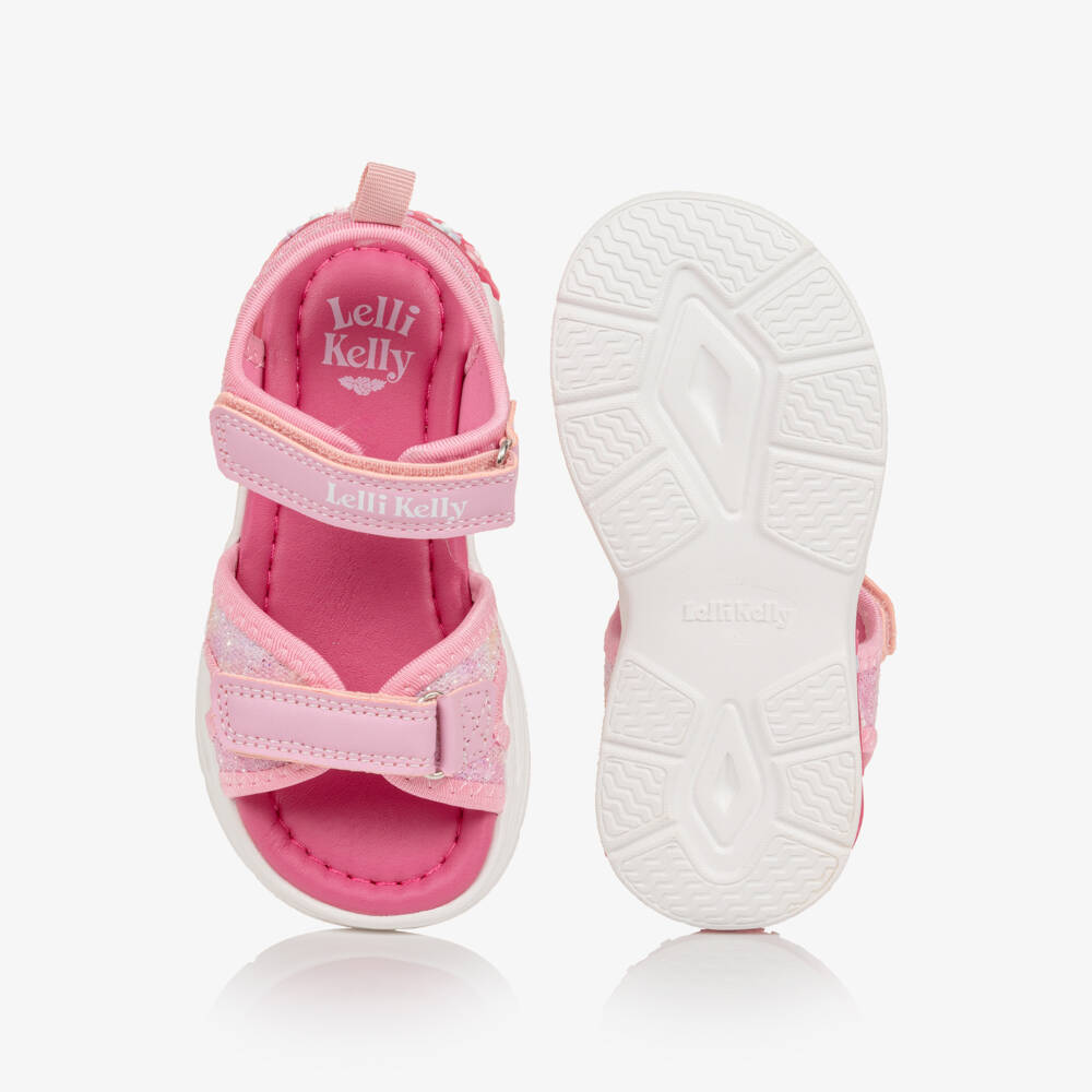 Lelli Kelly-Girls Pink Glitter Sandals with Floral Light-Up Heel | Childrensalon