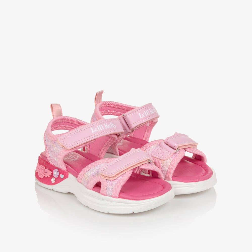 Lelli Kelly-Girls Pink Glitter Sandals with Floral Light-Up Heel | Childrensalon