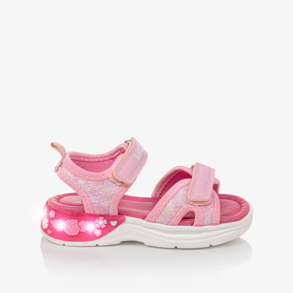 Lelli Kelly-Girls Pink Glitter Sandals with Floral Light-Up Heel | Childrensalon