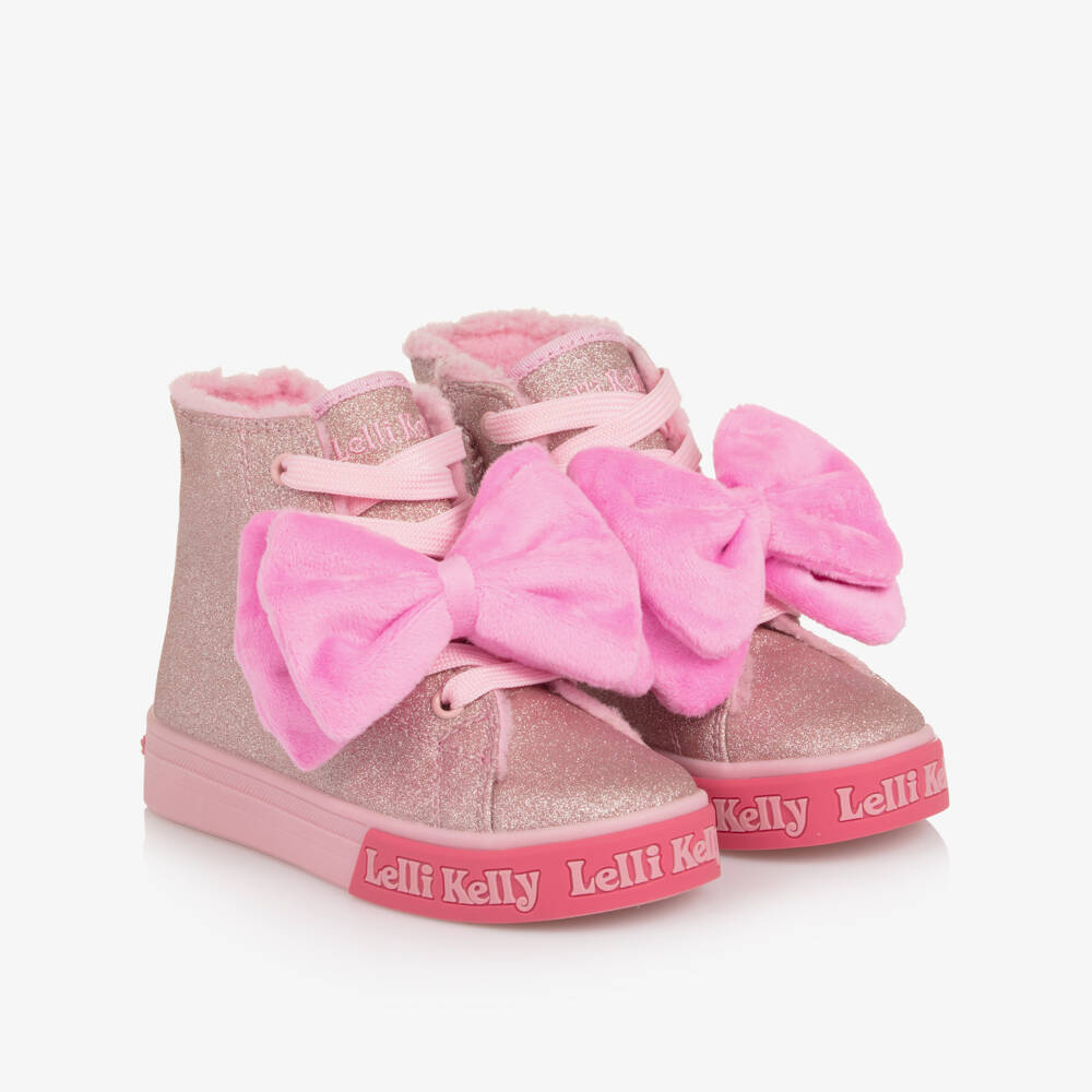Lelli Kelly-Girls Pink Sparkle High-Top Trainers with Bow | Childrensalon