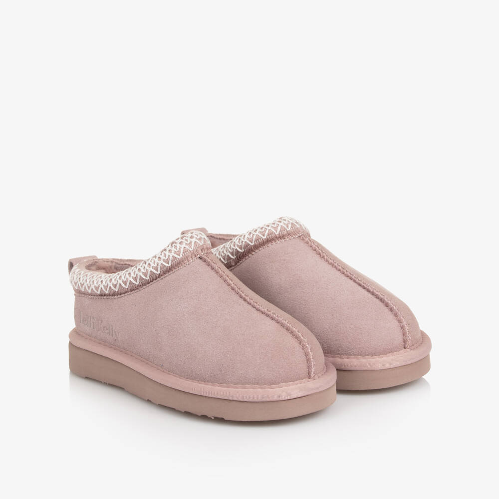 Lelli Kelly-Girls Pink Suede Leather Slippers with Faux Fur Lining | Childrensalon