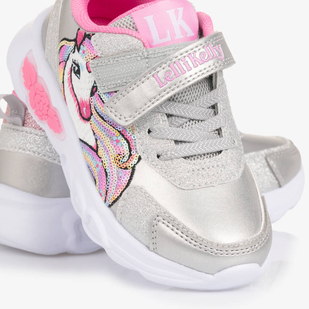 Lelli Kelly-Girls Silver Faux Leather Unicorn Trainers with Light-Up Logo | Childrensalon