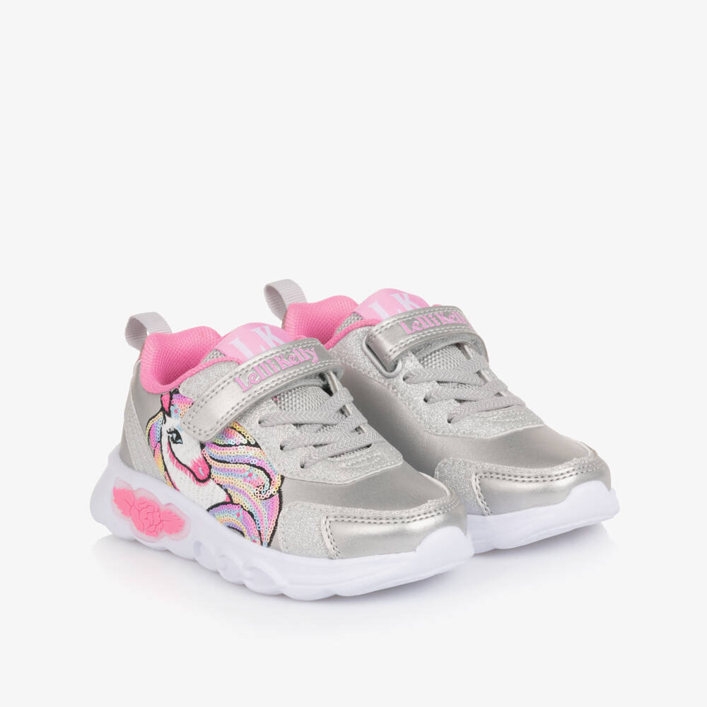 Lelli Kelly-Girls Silver Faux Leather Unicorn Trainers with Light-Up Logo | Childrensalon
