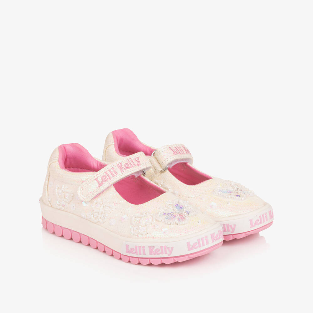 Lelli Kelly-Girls White Iridescent Glitter Canvas Butterfly Shoes | Childrensalon