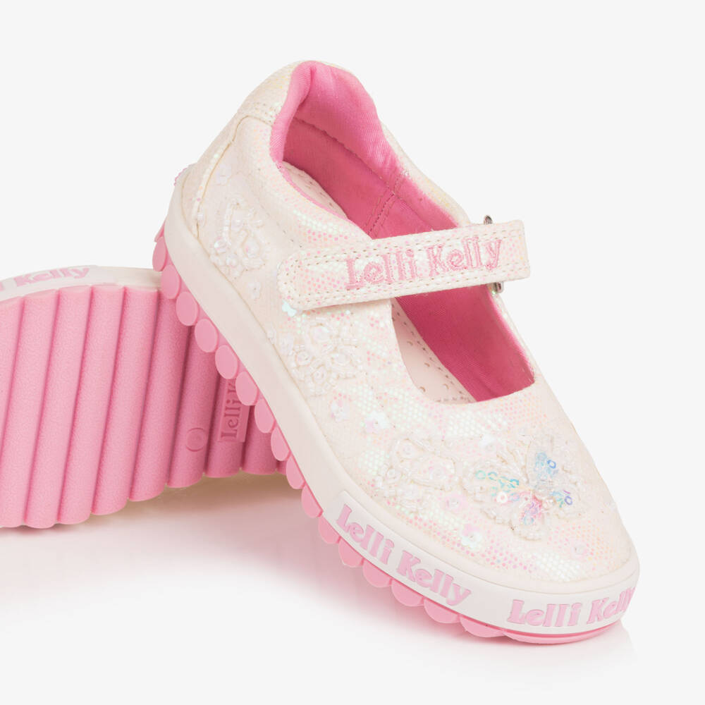Lelli Kelly-Girls White Iridescent Glitter Canvas Butterfly Shoes | Childrensalon