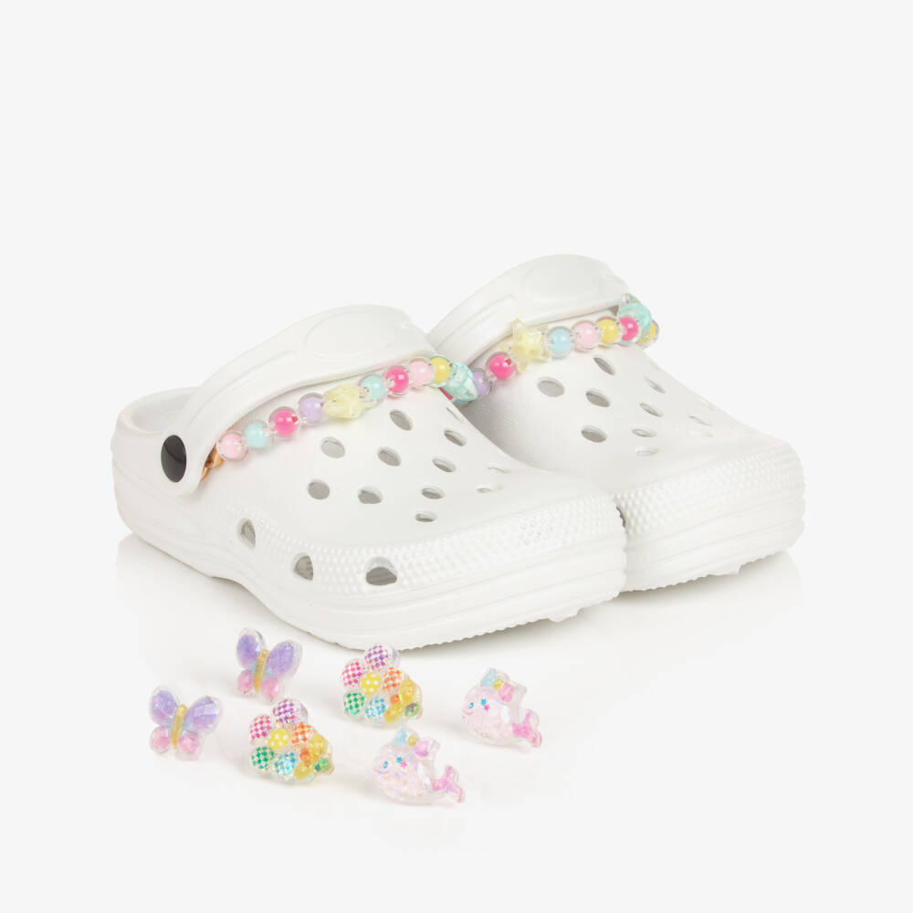 Lelli Kelly-Girls White Pearlescent Clog Sandals with Decorations | Childrensalon