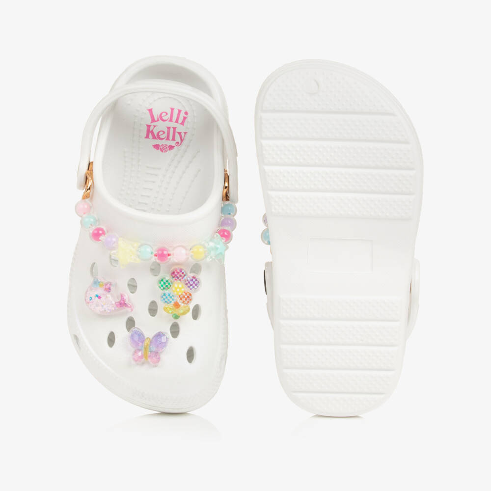 Lelli Kelly-Girls White Pearlescent Clog Sandals with Decorations | Childrensalon