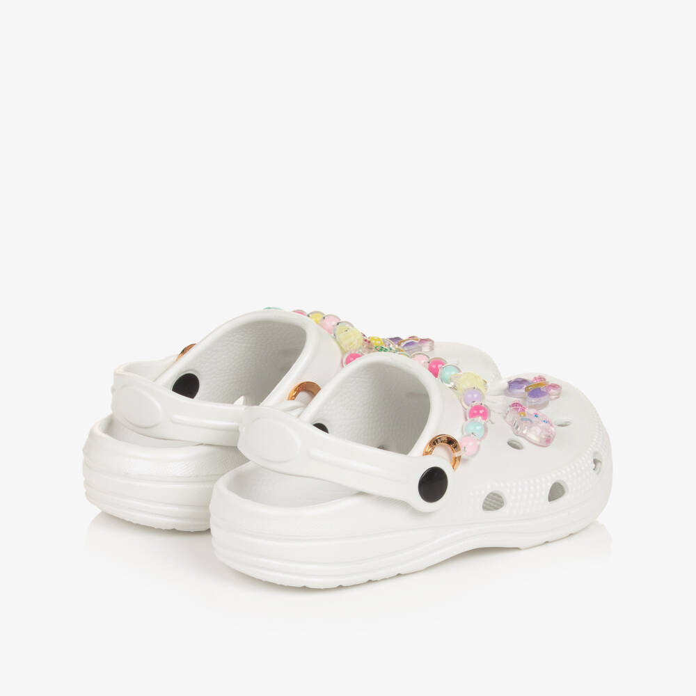Lelli Kelly-Girls White Pearlescent Clog Sandals with Decorations | Childrensalon