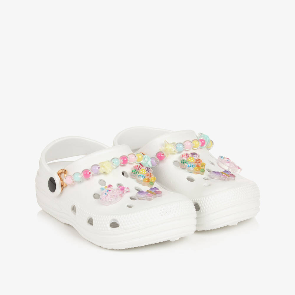 Lelli Kelly-Girls White Pearlescent Clog Sandals with Decorations | Childrensalon