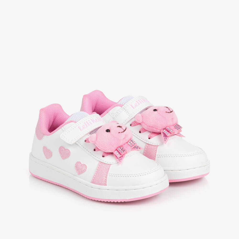 Lelli Kelly-Girls White & Pink Bear Faux Leather Trainers | Childrensalon