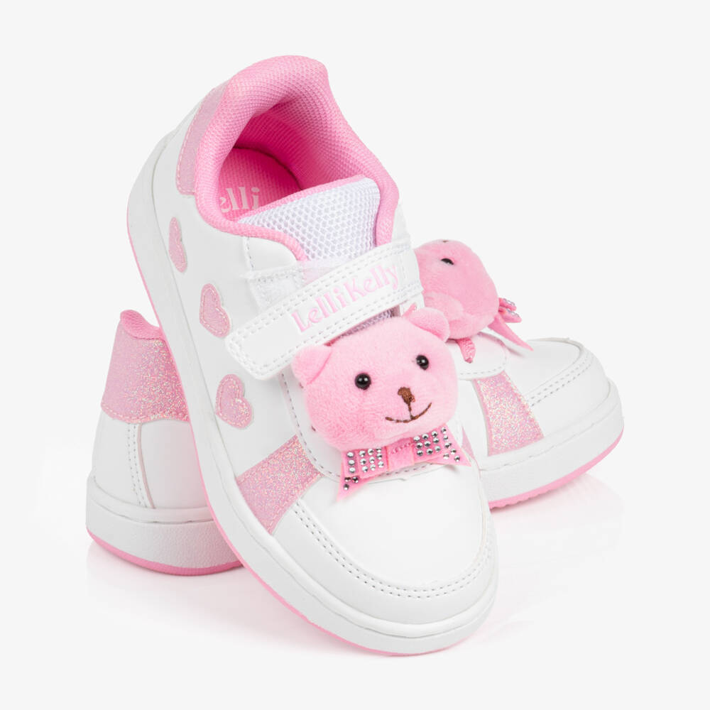 Lelli Kelly-Girls White & Pink Bear Faux Leather Trainers | Childrensalon