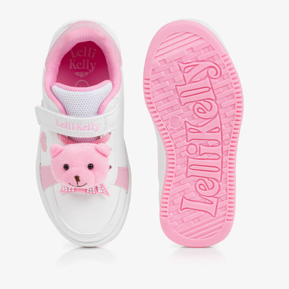 Lelli Kelly-Girls White & Pink Bear Faux Leather Trainers | Childrensalon