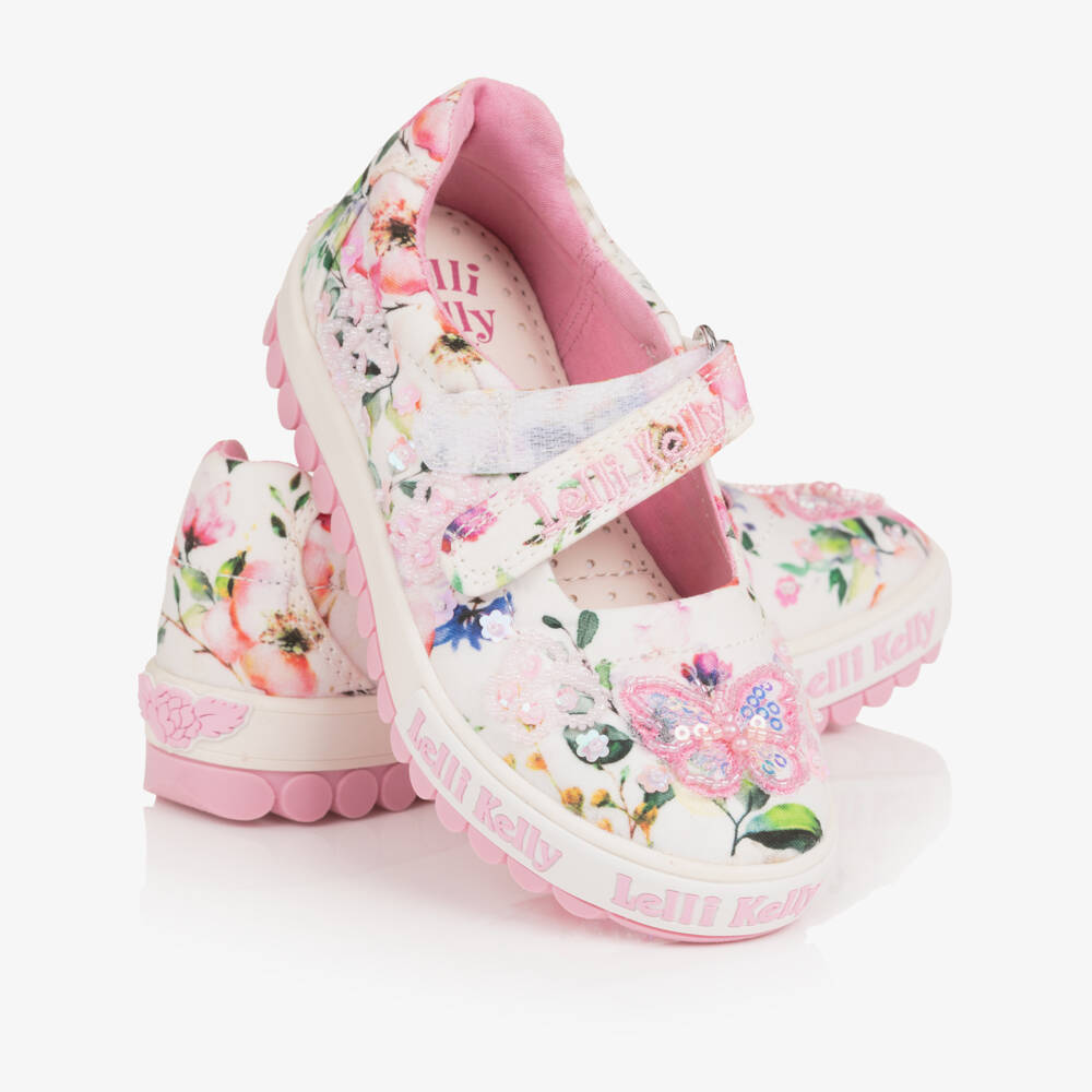 Lelli Kelly-Girls White & Pink Floral Canvas Butterfly Shoes | Childrensalon