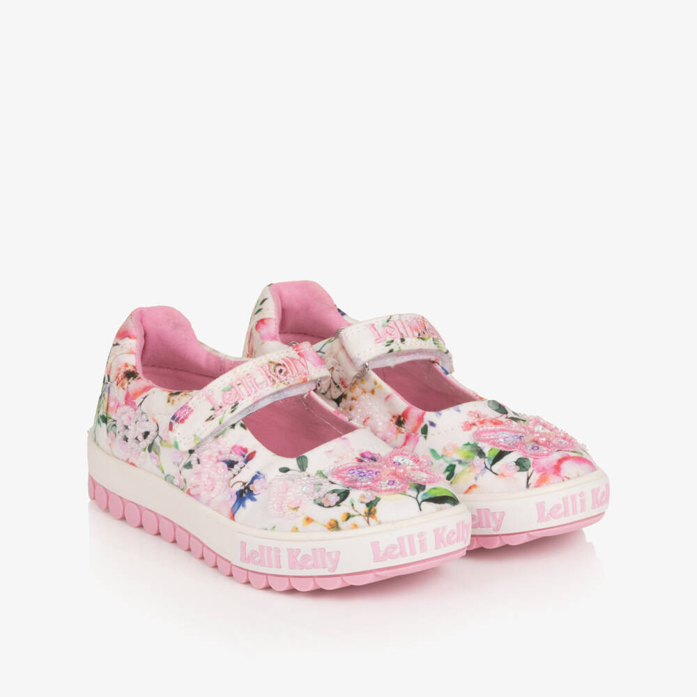 Lelli Kelly-Girls White & Pink Floral Canvas Butterfly Shoes | Childrensalon