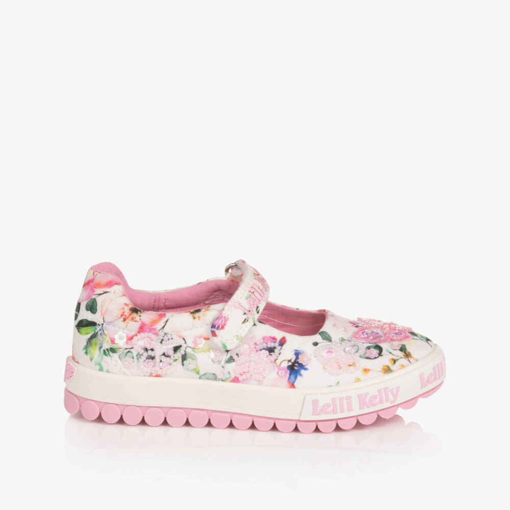 Lelli Kelly-Girls White & Pink Floral Canvas Butterfly Shoes | Childrensalon