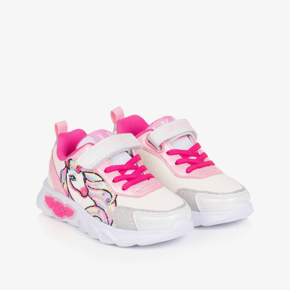 Lelli Kelly-Girls White & Pink Light-Up Trainers with Unicorn Motif | Childrensalon