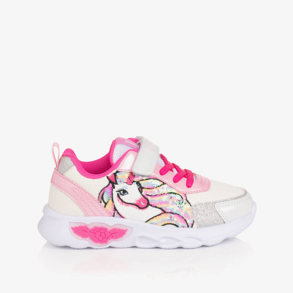 Lelli Kelly-Girls White & Pink Light-Up Trainers with Unicorn Motif | Childrensalon