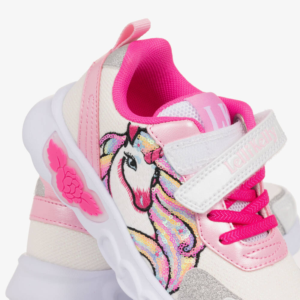 Lelli Kelly-Girls White & Pink Light-Up Trainers with Unicorn Motif | Childrensalon