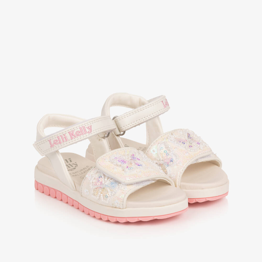 Lelli Kelly-Girls White Sandals with Sequin & Beaded Butterflies | Childrensalon