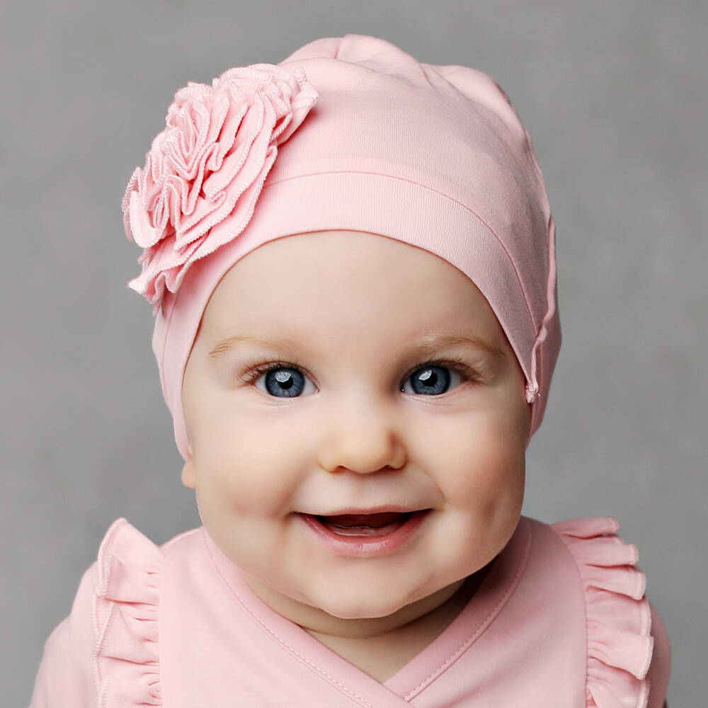 Lemon Loves Layette-Baby Girls Pink Ruffled Rosette Pima Cotton Hat | Childrensalon