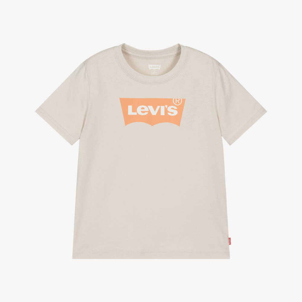 Levi's-Boys Beige Cotton T-Shirt with Tonal Batwing Logo | Childrensalon