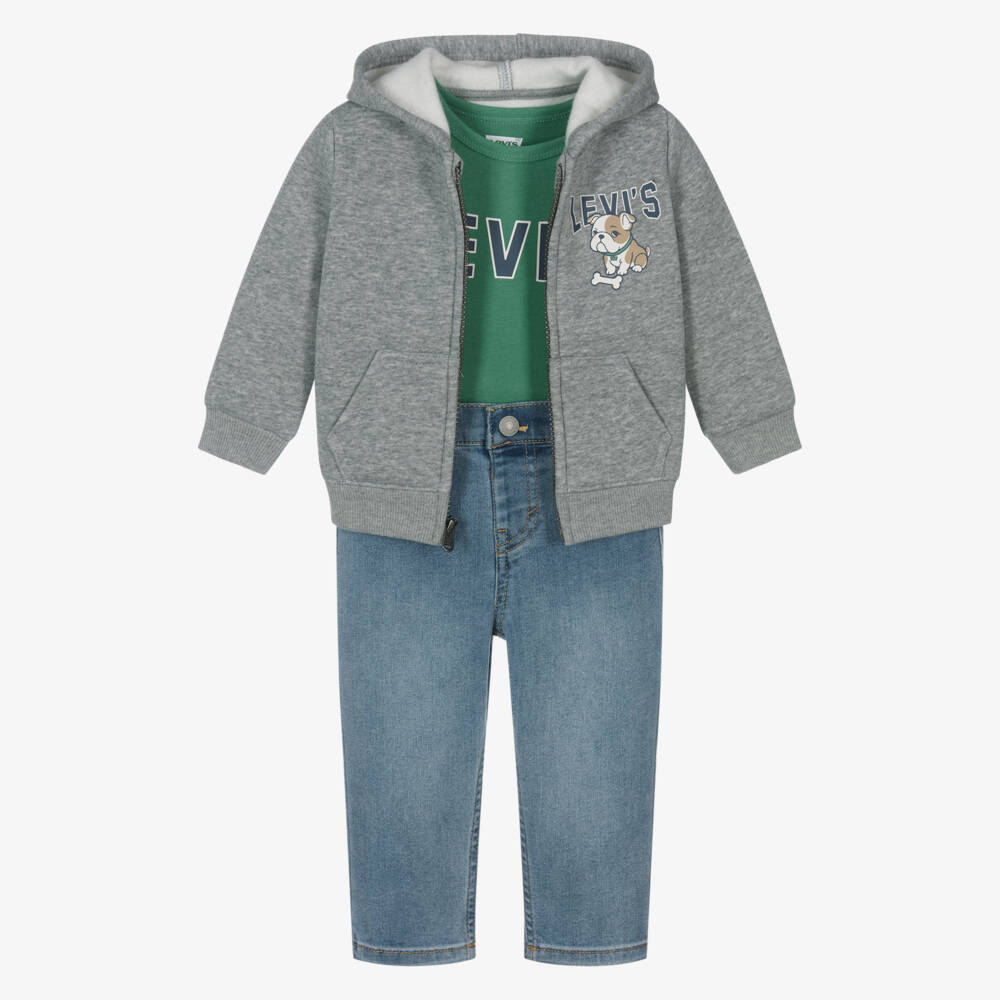 Levi's-Boys Grey & Blue Zip-Up Top & Jeans Set | Childrensalon