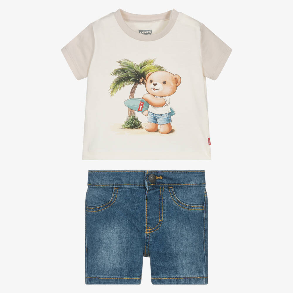 Levi's-Boys Ivory Bear Graphic T-Shirt & Blue Denim Shorts Set | Childrensalon