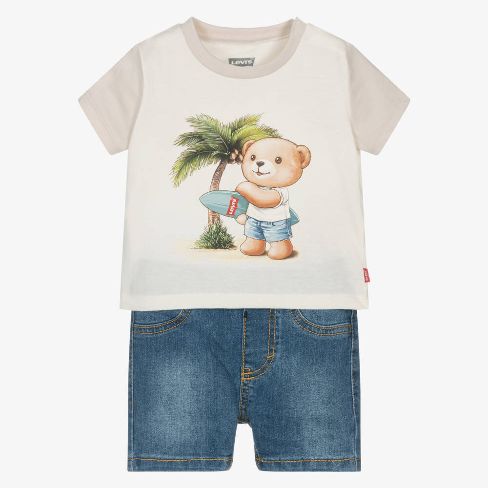 Levi's-Boys Ivory Bear Graphic T-Shirt & Blue Denim Shorts Set | Childrensalon