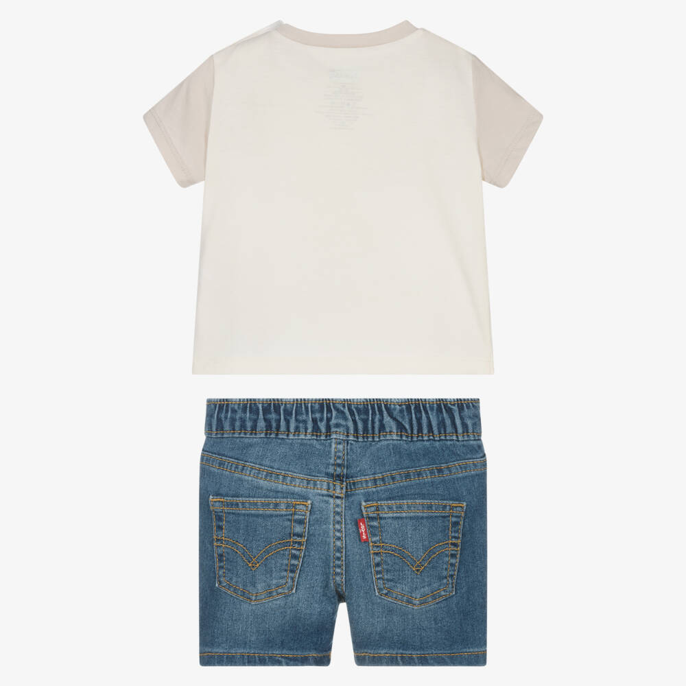 Levi's-Boys Ivory Bear Graphic T-Shirt & Blue Denim Shorts Set | Childrensalon