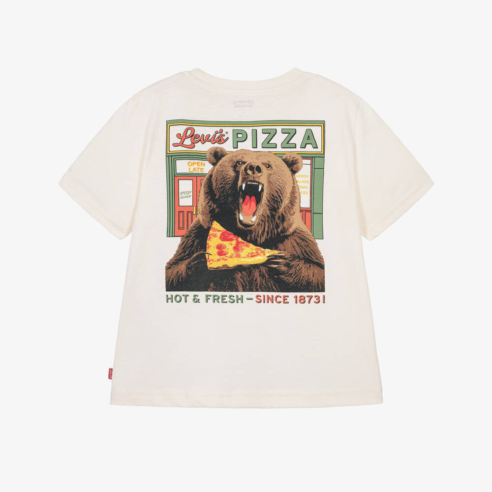 Levi's-Boys Ivory T-Shirt with Pizza Bear Graphic | Childrensalon