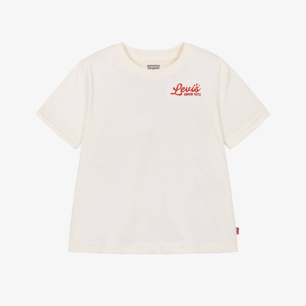 Levi's-Boys Ivory T-Shirt with Pizza Bear Graphic | Childrensalon