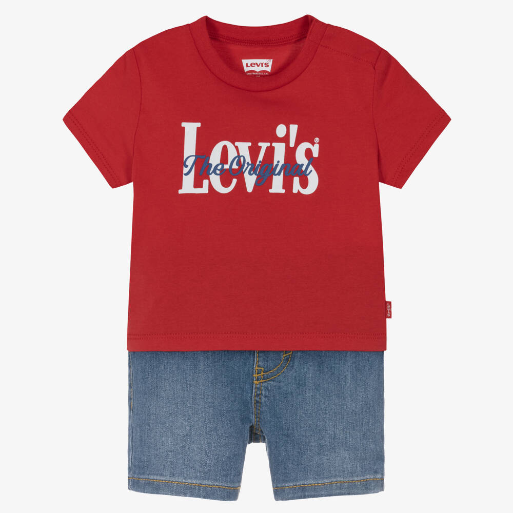 Levi's-Boys Red Logo T-Shirt & Blue Denim Shorts Set | Childrensalon