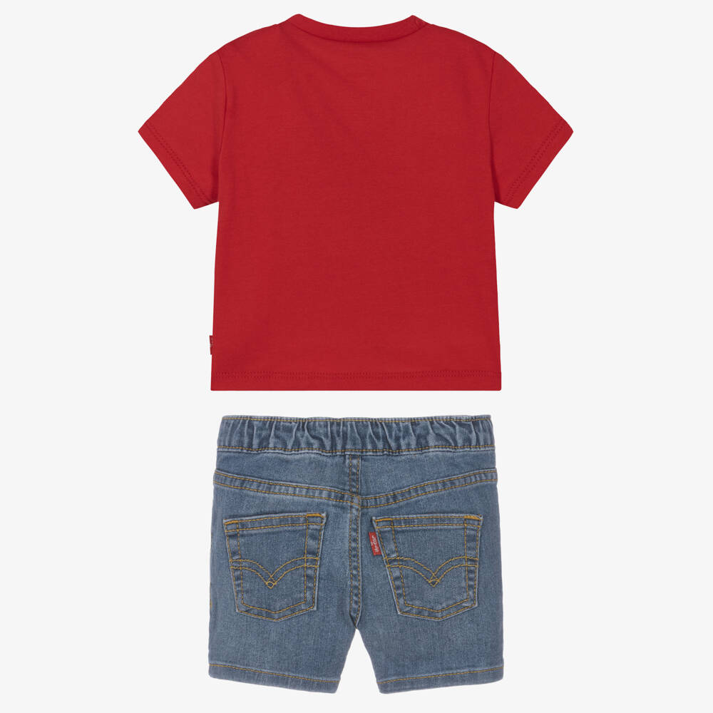 Levi's-طقم شورت دنيم وتيشيرت بشعار لون أحمر وأزرق للأولاد | Childrensalon