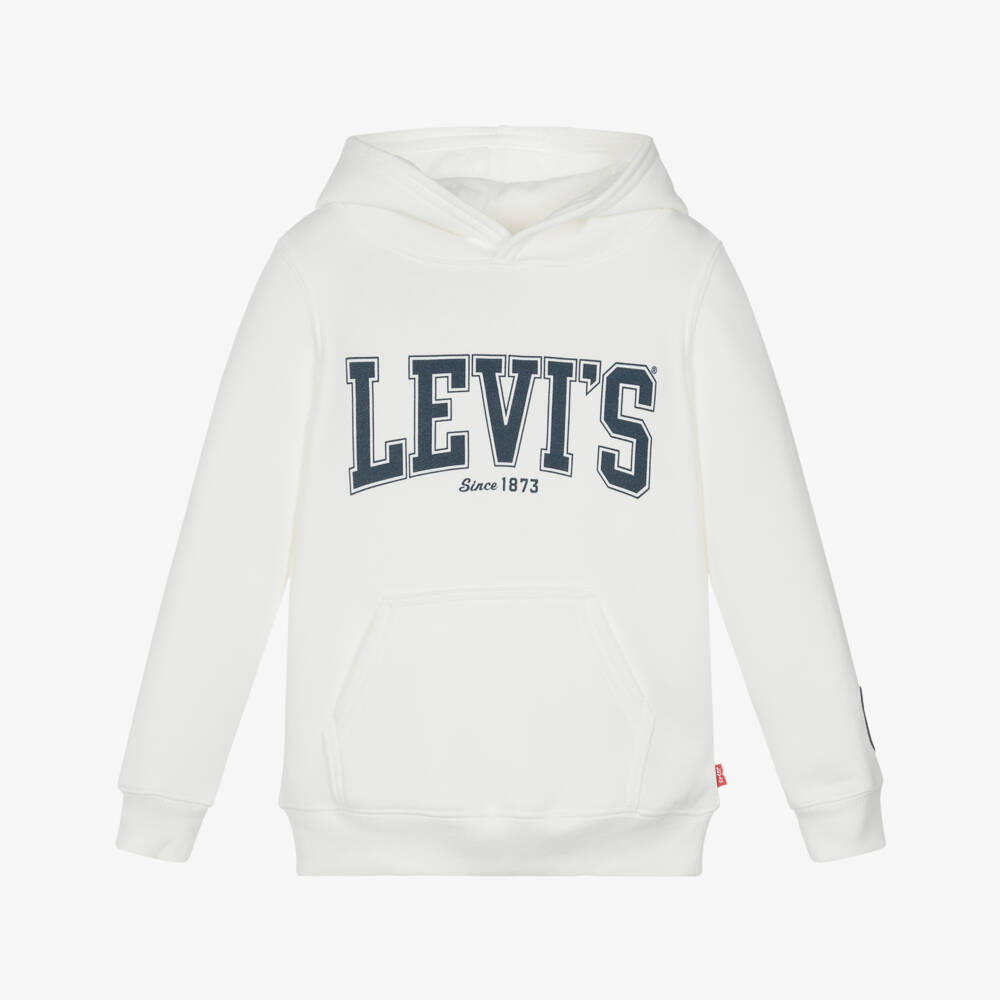 Levi's-Boys White Cotton Hoodie with Navy Blue Varsity Logo | Childrensalon